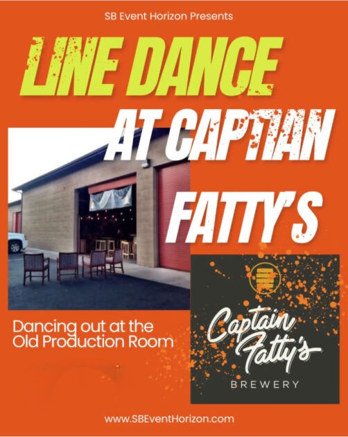 Poster advertising Line Dance at Captain Fatty's Brewery with an orange background, large lime text 'LINE DANCE' and white 'AT CAPTAIN FATTY'S', photo of the brewery exterior, and Sunday 3–6pm details.
