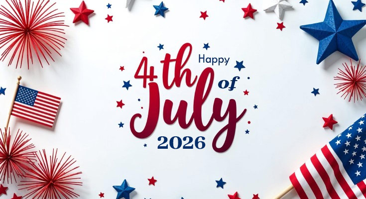 Celebration graphic reading 'Happy 4th of July 2026' with red/blue stars, fireworks, and small American flags framing the scene.