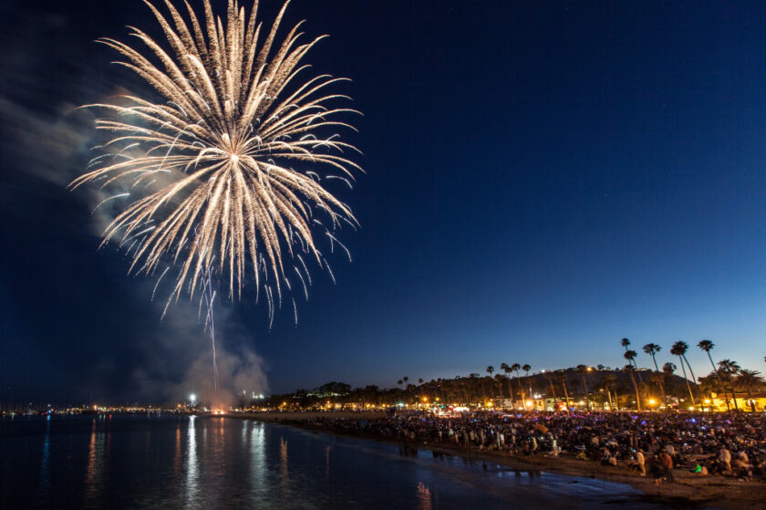 Fireworks exploding over a crowded beach at night, with palm trees along the shoreline.