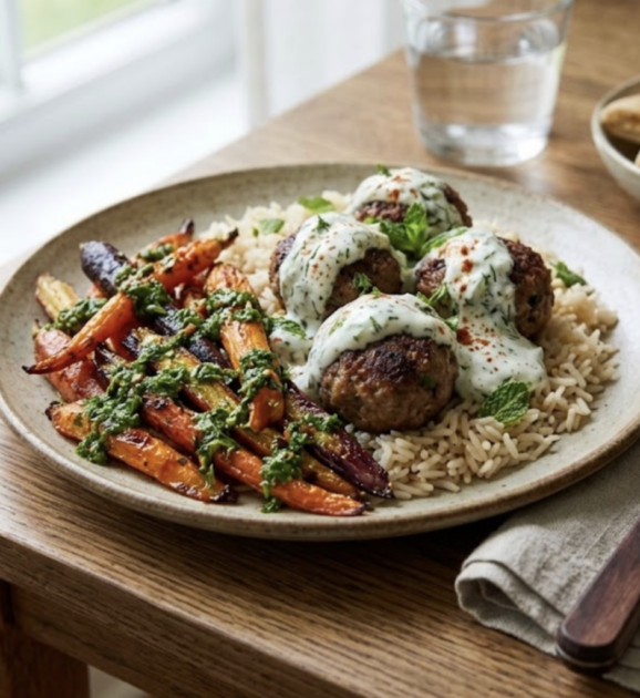 Plate of brown rice with meatballs covered in creamy herb sauce, served with roasted carrots and sweet potatoes on a beige plate.